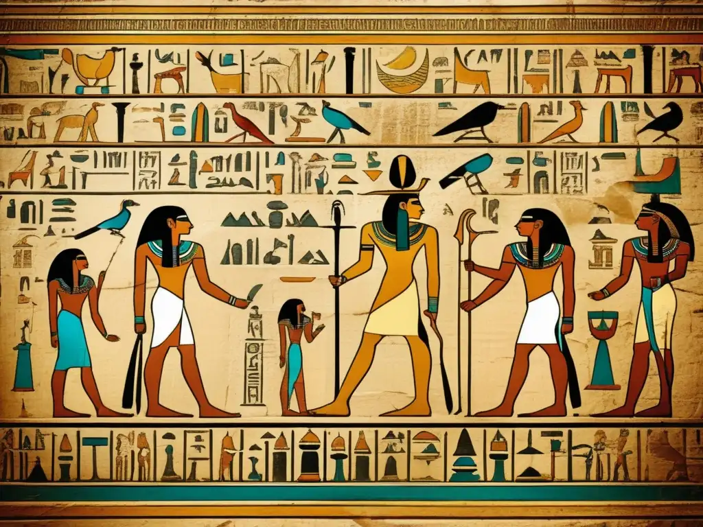 Descifrando inscripciones en templos egipcios: una pared antigua y delicadamente preservada, llena de jeroglíficos misteriosos y colorido desvanecido
