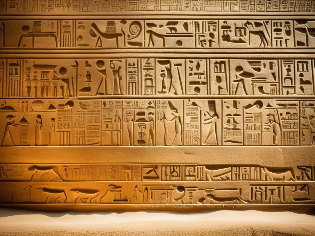 Inscripciones tumba Seti I: Detallada imagen vintage de las intrincadas inscripciones talladas en las paredes