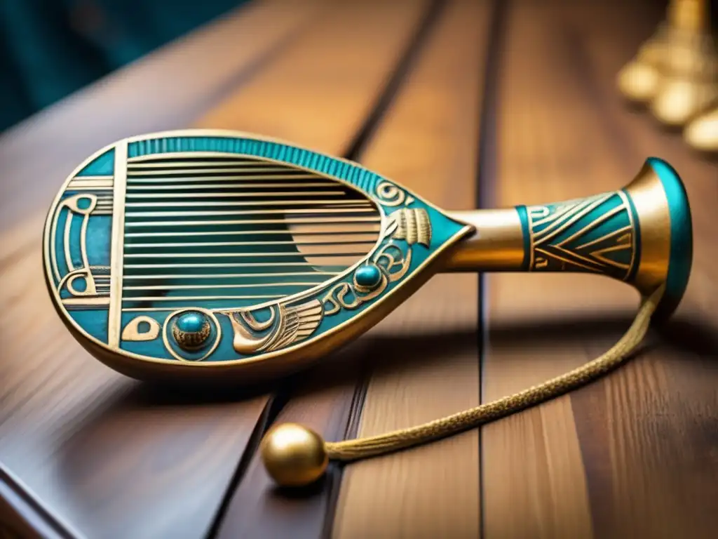 Un instrumento musical egipcio antiguo, el sistro, en una mesa de madera vintage