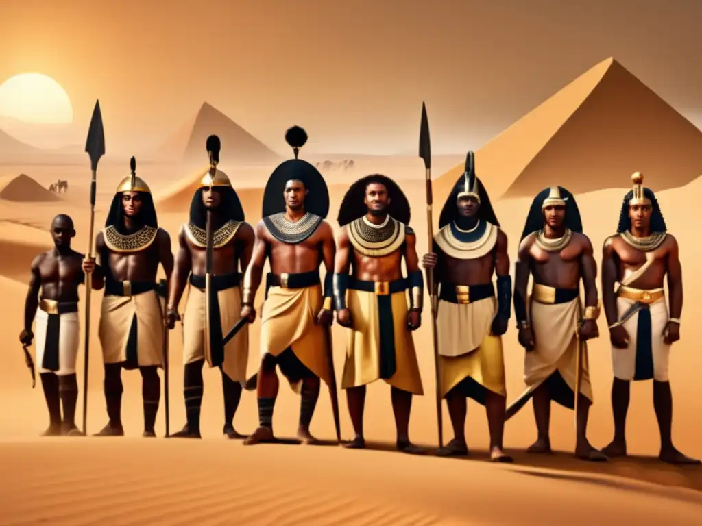 Integración de mercenarios nubios en Egipto: guerreros orgullosos, vestidos en atuendos tradicionales, destacan en el vasto desierto dorado