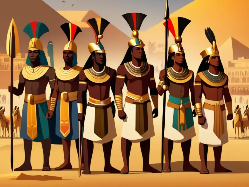 Integración de mercenarios nubios en Egipto: Orgullosos guerreros en atuendo tradicional, cautivan a todos en las calles de Egipto antiguo