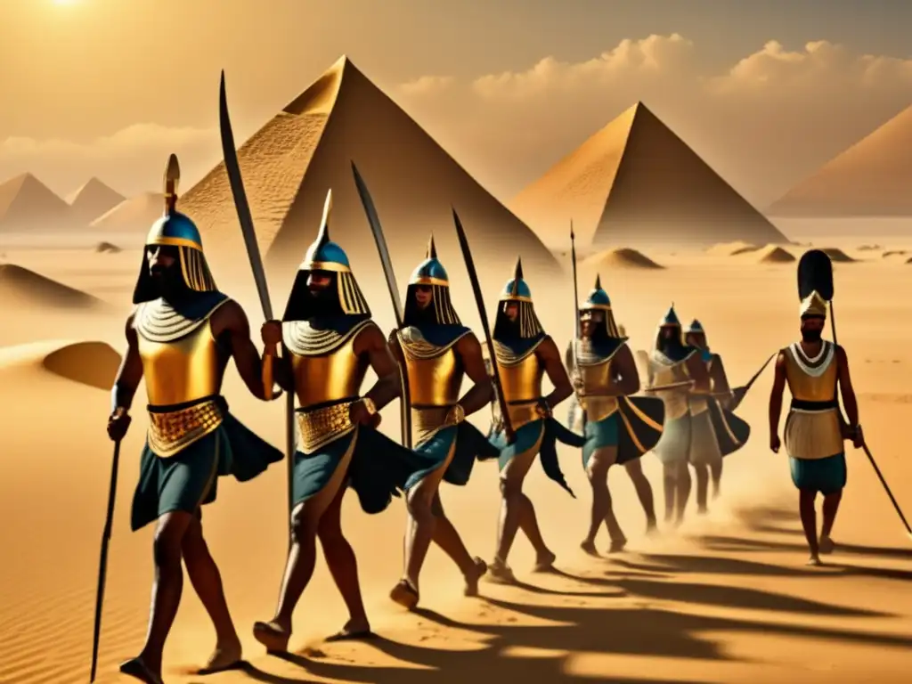 Intensa formación de infantería en Egipto antiguo: soldados egipcios entrenan en el desierto con armaduras y lanzas, con las pirámides al fondo