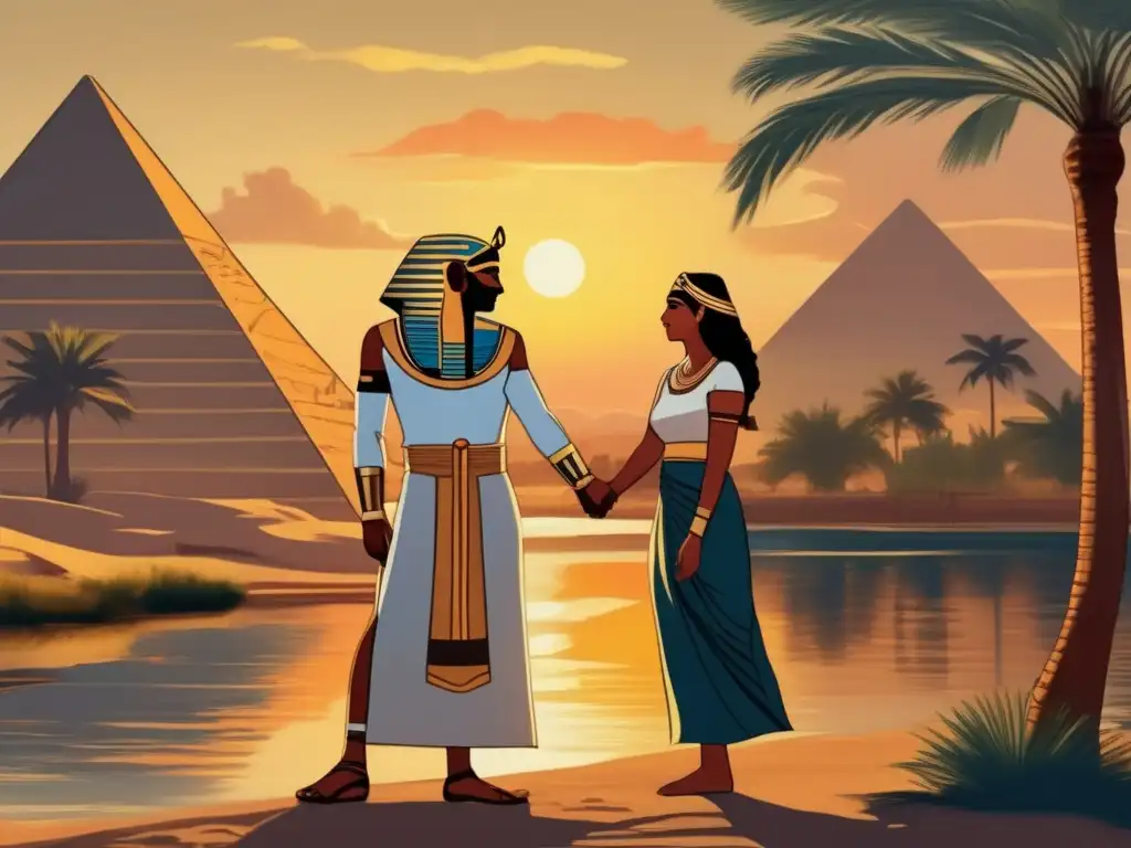 Intensa pintura vintage que muestra una pareja egipcia en vestimenta tradicional, disfrutando de una romántica escena al atardecer en el Nilo