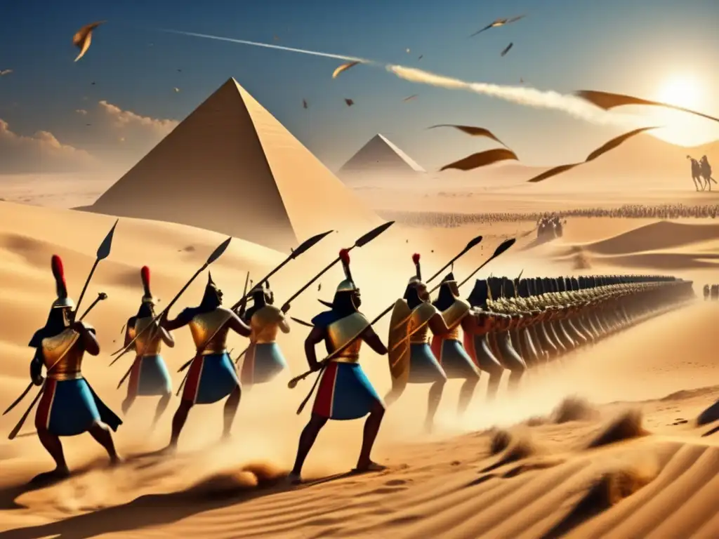 Intenso conflicto en el Segundo Periodo Intermedio Egipcio, con guerreros y carros de guerra en una batalla épica en el desierto dorado
