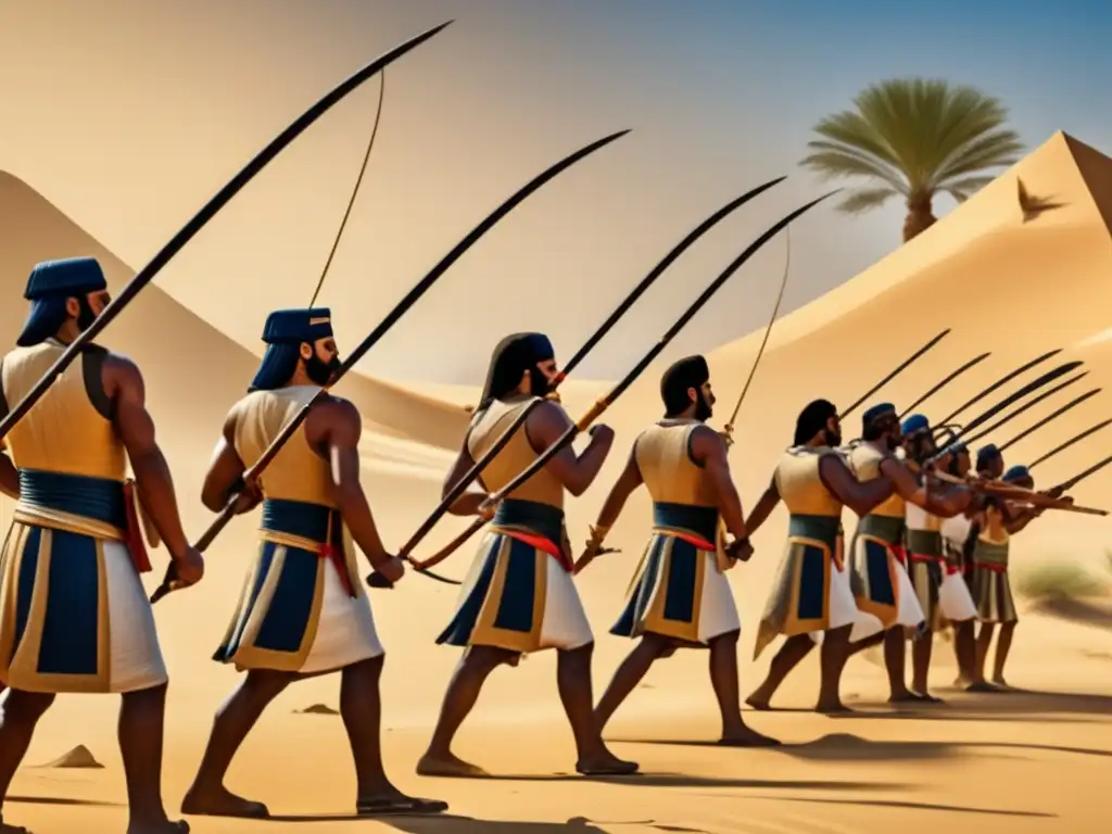 Intenso entrenamiento de infantería en Egipto: soldados antiguos practican arquería, lanzan lanzas y luchan en el desierto