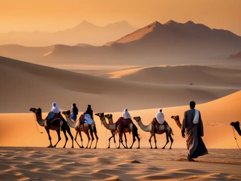 Interacciones nómadas en las fronteras de Egipto: un beduino en atuendo tradicional en el vasto desierto, rodeado de camellos al atardecer