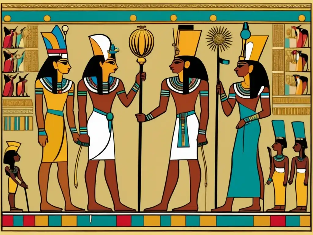 Intercambio de obsequios en Egipto: Dos figuras en atuendos regios y religiosos intercambian regalos en un opulento escenario con la Gran Pirámide de Giza al fondo