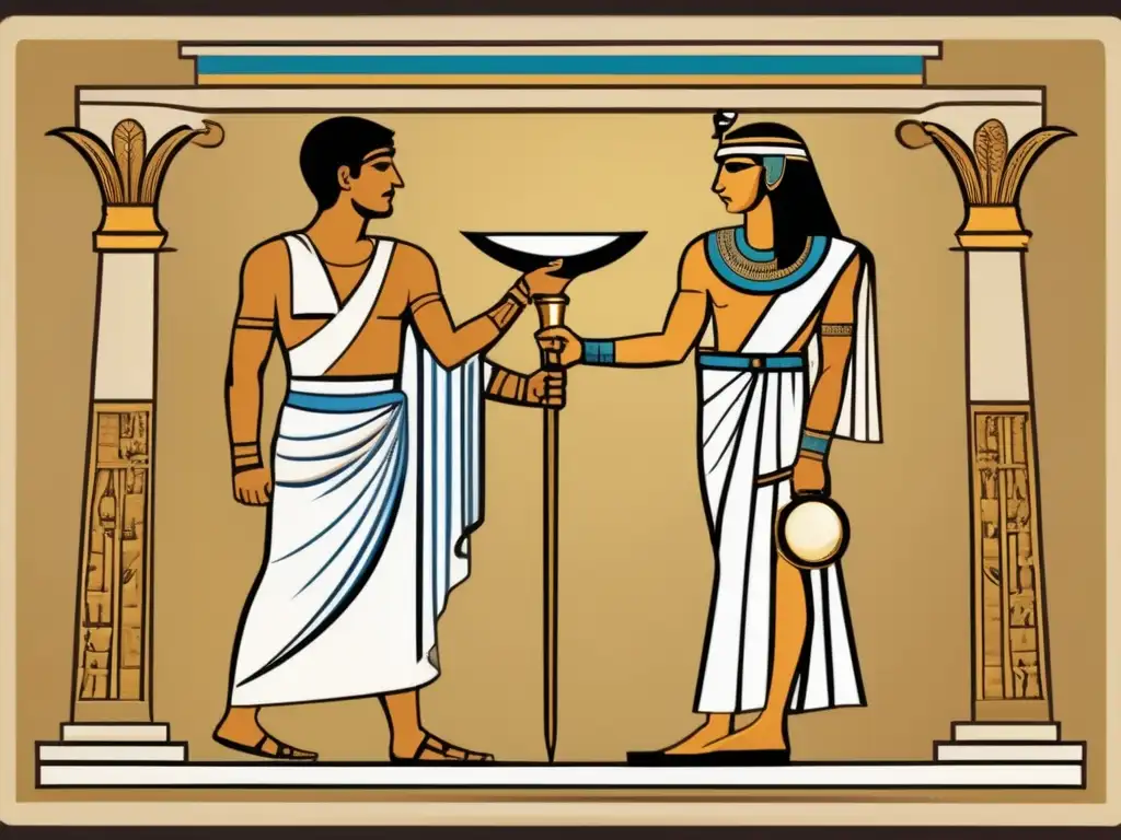 Intercambio de sabiduría entre médicos griegos y egipcios, resaltando la influencia griega en medicina egipcia