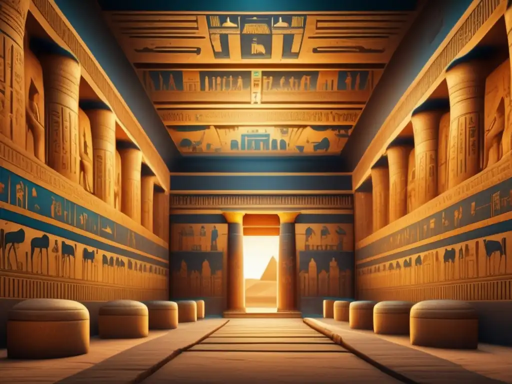 Interior de un antiguo templo egipcio, cubierto de jeroglíficos intrincados