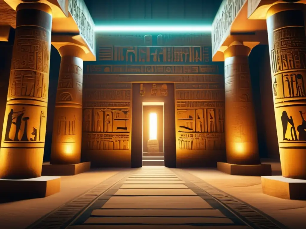 Interior del templo egipcio con jeroglíficos sagrados