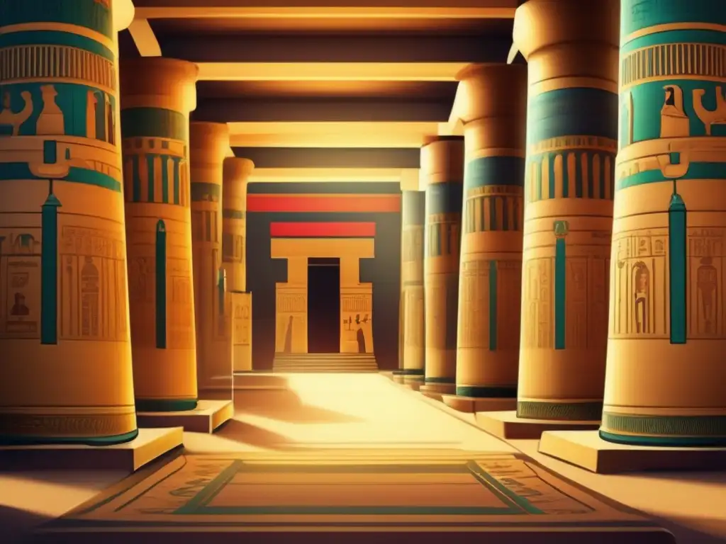 Diseño interior de templos y capillas egipcias: místico, vibrante y lleno de detalles antiguos, con colores vivos y escenas de mitología egipcia