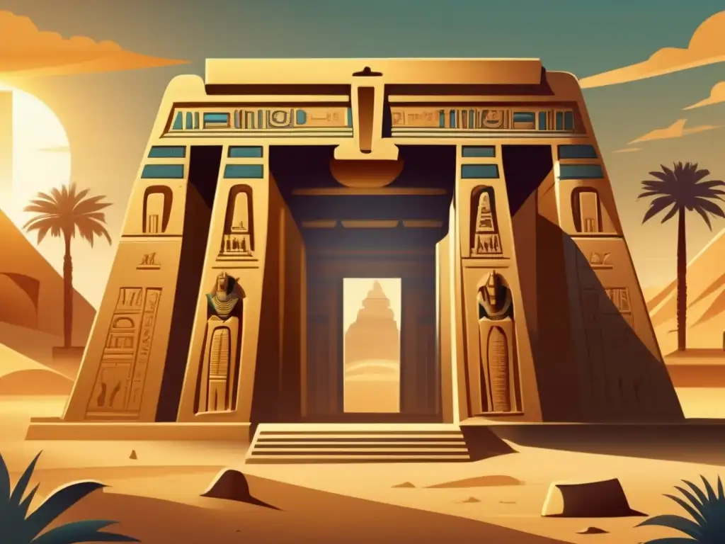 Una ilustración intrincada de un antiguo templo egipcio adornado con jeroglíficos elaborados
