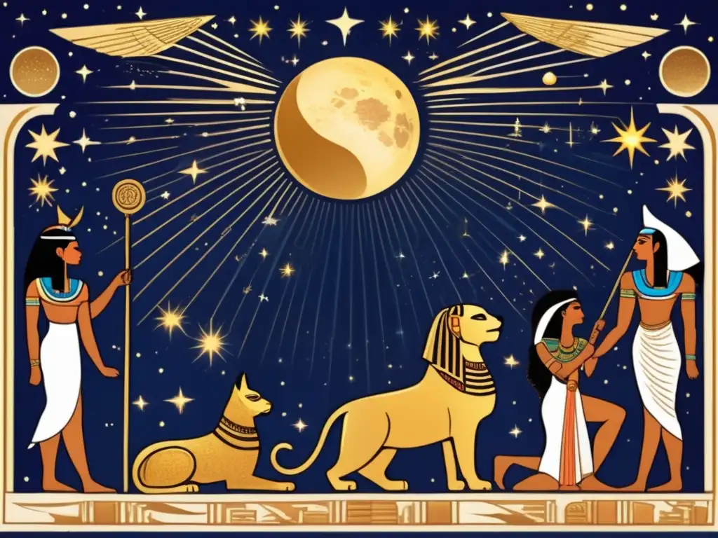 Una ilustración vintage intrincada que representa una escena de la mitología y astrología egipcia