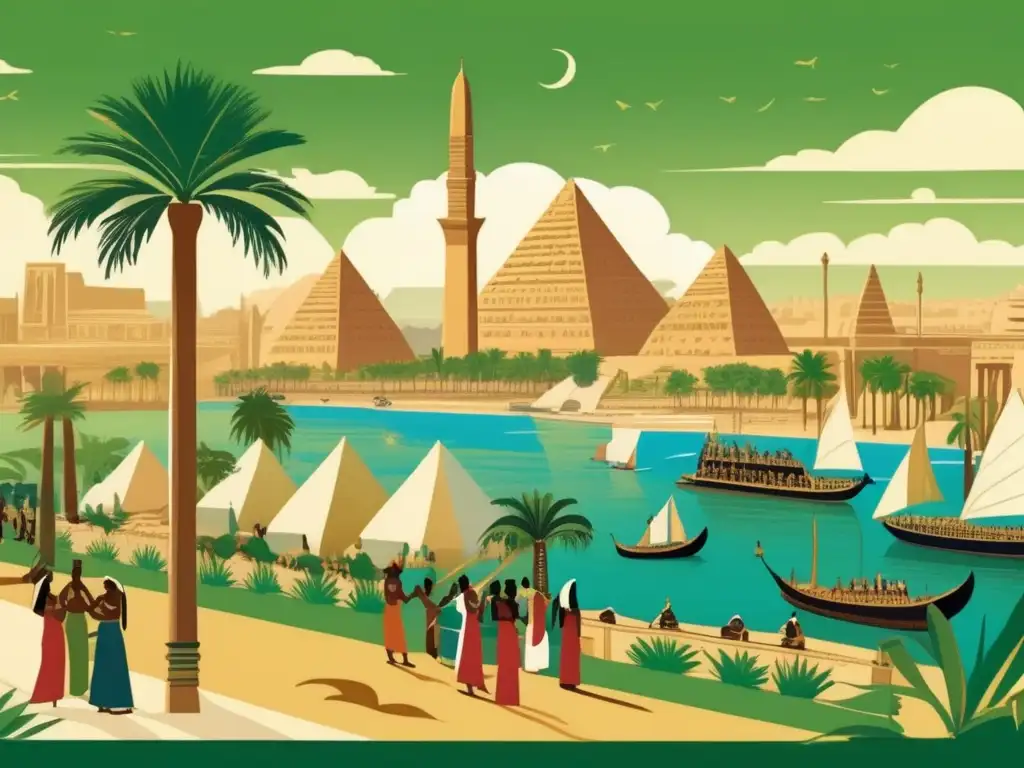 Una ilustración vintage intrincada que muestra la grandeza del Imperio Nuevo en el antiguo Egipto