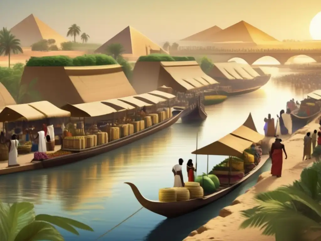 Inundaciones del Nilo en Egipto: Un mercado bullicioso a orillas del majestuoso río, rodeado de exuberante vegetación y cultivos vibrantes