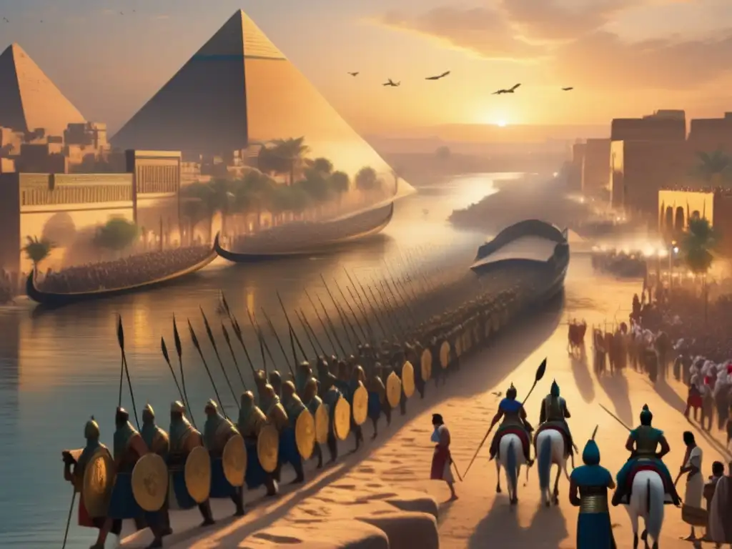 Invasiones persas impacto política egipcia: Antigua ciudad egipcia al atardecer, el río Nilo majestuoso en el centro