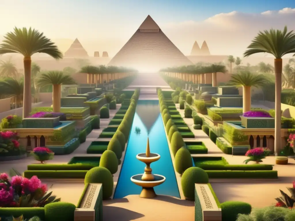 Jardines botánicos del faraón exóticos: Un jardín egipcio antiguo detallado, con pirámides majestuosas y exuberante vegetación