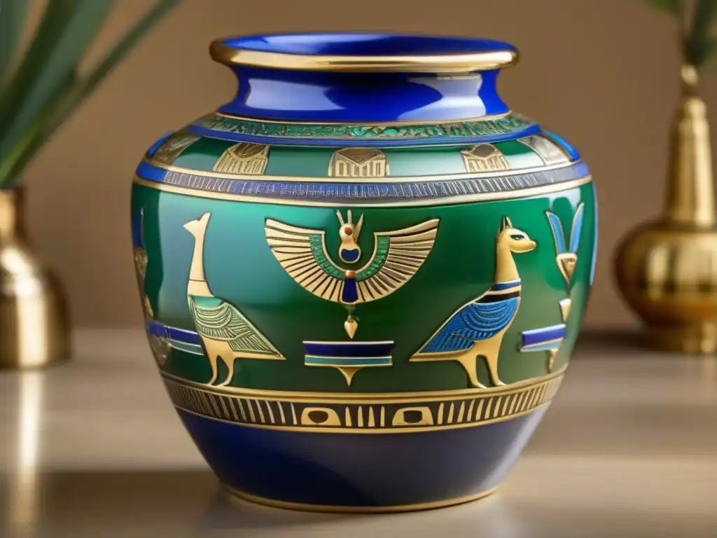 Jarra de cerámica antiguo Egipto con motivos sagrados y colores vibrantes