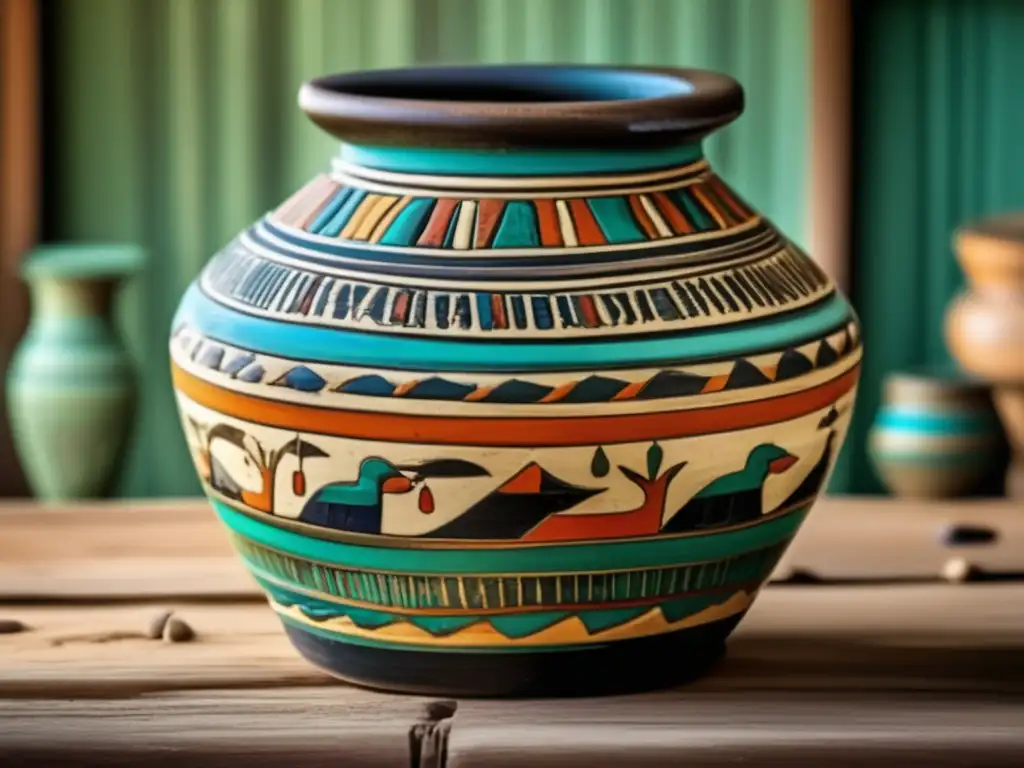 Una jarra egipcia de cerámica con diseños intrincados y colores vibrantes