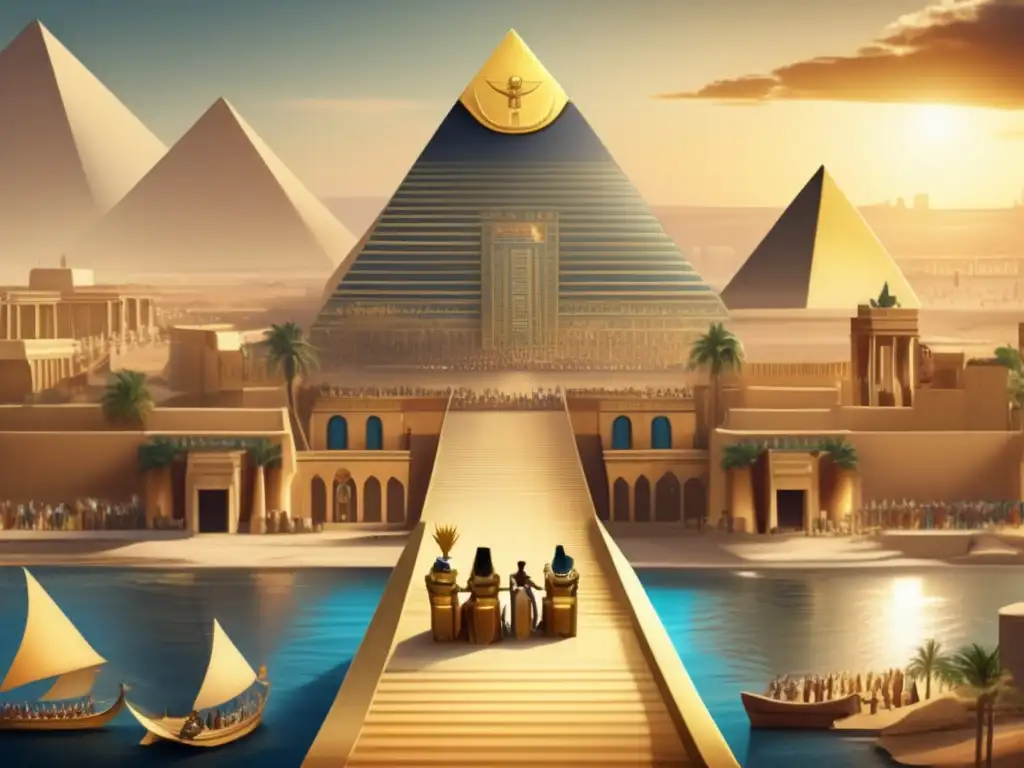 Jerarquía social en el Antiguo Egipto: Una ilustración detallada de una bulliciosa ciudad egipcia, con el Nilo fluyendo en el centro