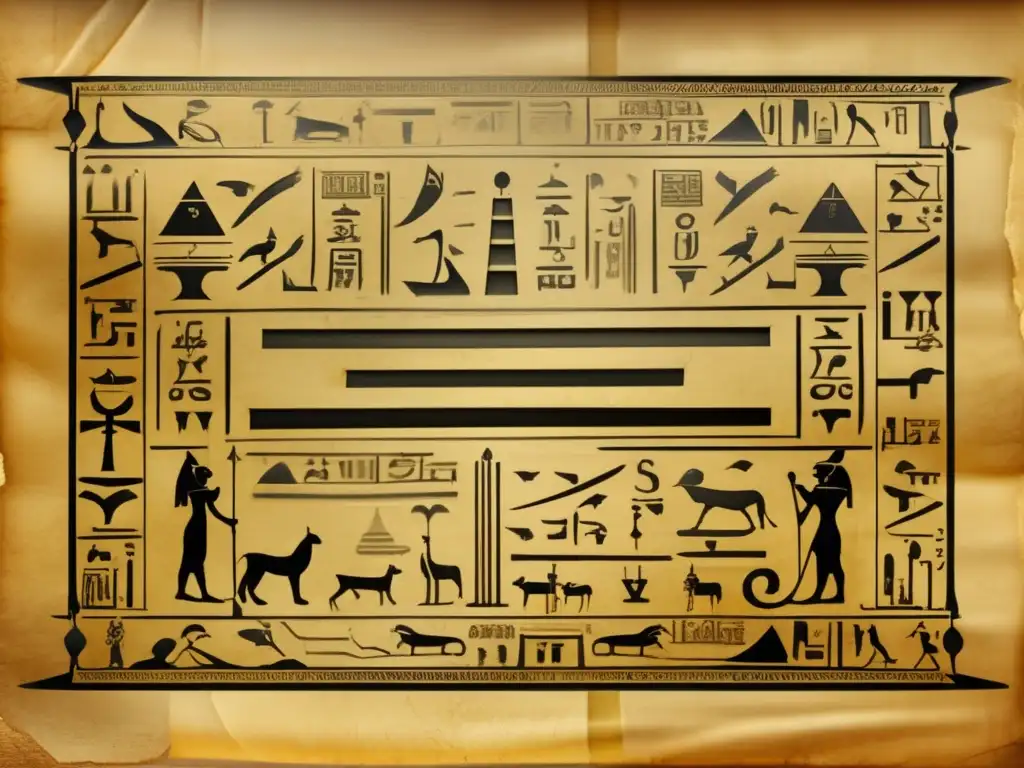 Decodificación jeroglíficos antiguo Egipto: Un pergamino antiguo con bordes desgastados y tono amarillento
