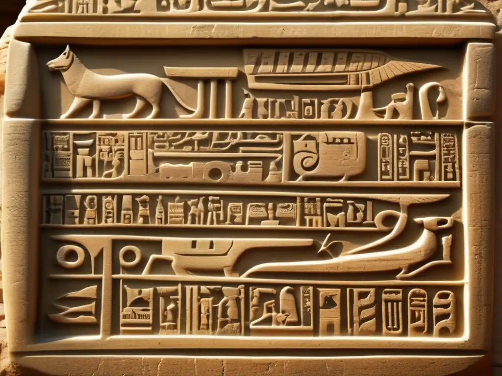 Descifrando Jeroglíficos del Antiguo Egipto: Una tableta de piedra tallada con meticulosos hieroglíficos, evocando misterio y fascinación