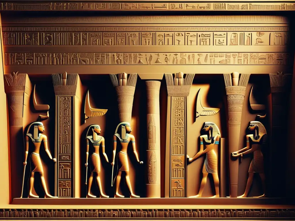 Jeroglíficos en la arquitectura egipcia: Un templo antiguo con intrincados grabados que evocan la vida en el antiguo Egipto