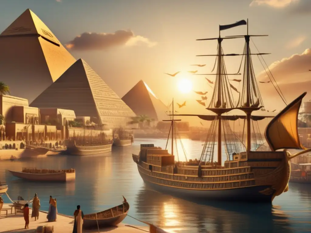 Interpretación jeroglíficos comercio barcos: Escena vibrante de un puerto antiguo egipcio, con naves adornadas y trabajadores cargando mercancías
