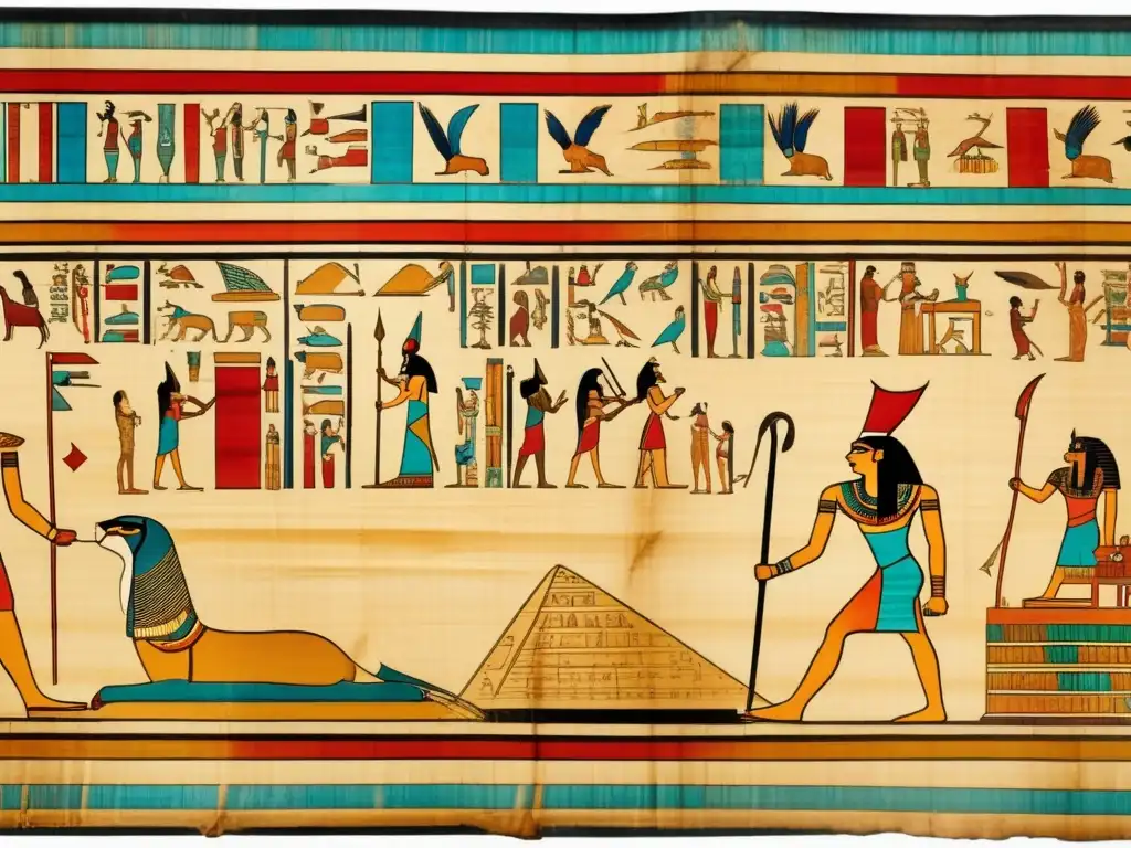 Aprende a leer jeroglíficos egipcios en este cautivador y misterioso papiro antiguo, con carvings e ilustraciones detalladas y vibrantes colores