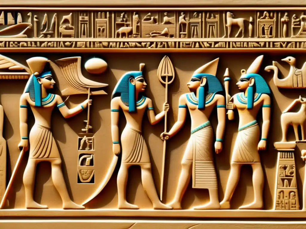 Jeroglíficos en la escultura egipcia: Una imagen detallada de un relieve de piedra antiguo de Egipto, que muestra la intrincada utilización de jeroglíficos en la mitología egipcia