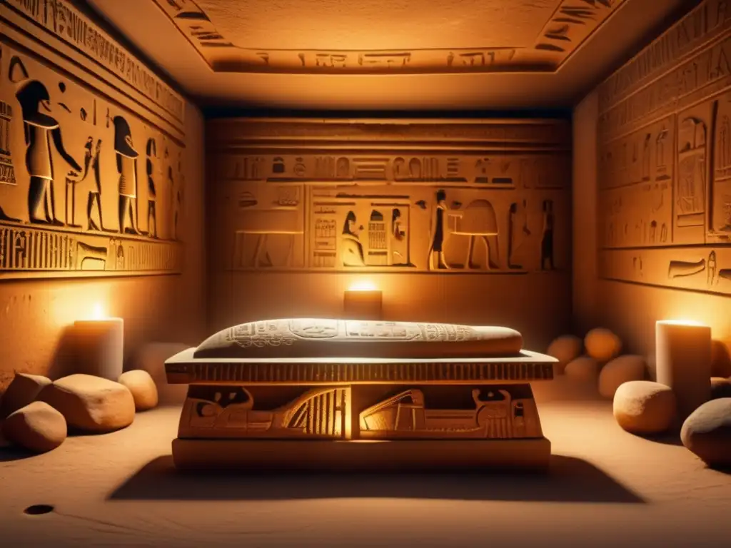 Jeroglíficos funerarios Antiguo Egipto: Una cámara de entierro egipcia antigua y detallada en 8k