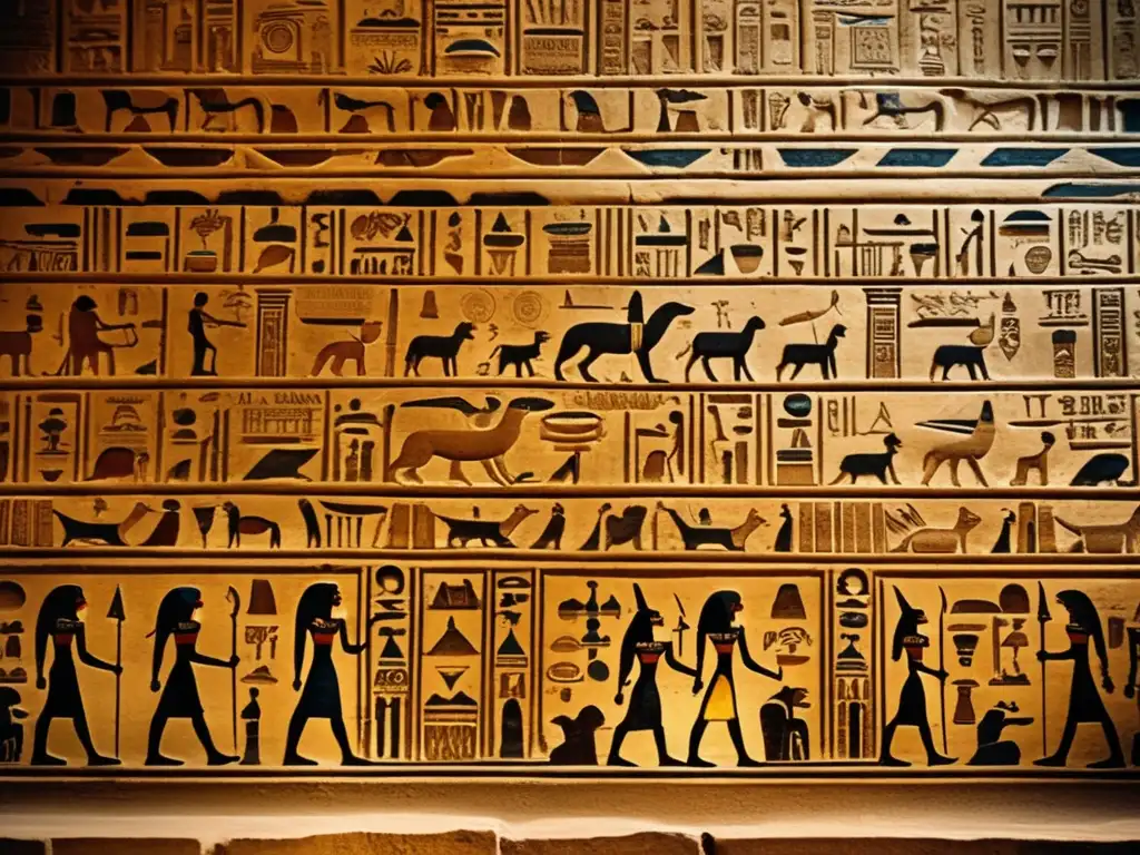Jeroglíficos funerarios Antiguo Egipto: Intrincadas y detalladas carvings en las paredes de una antigua tumba egipcia
