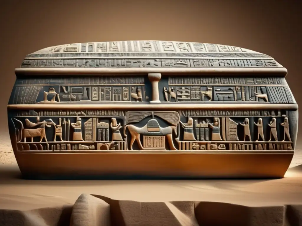 Jeroglíficos funerarios Antiguo Egipto: Sarcófago de piedra oscura tallado con escenas de rituales y el viaje al más allá