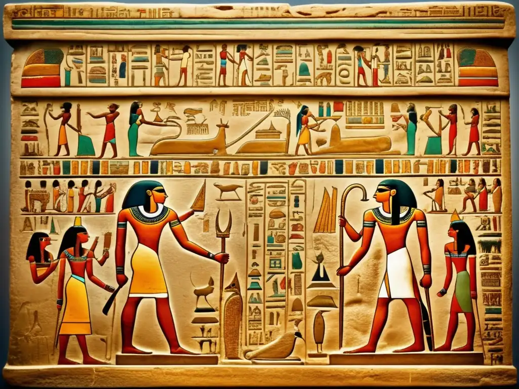 Jeroglíficos funerarios del Antiguo Egipto: Stele preservada con ilustraciones coloridas y tonos vintage, evocando misterio y antigüedad