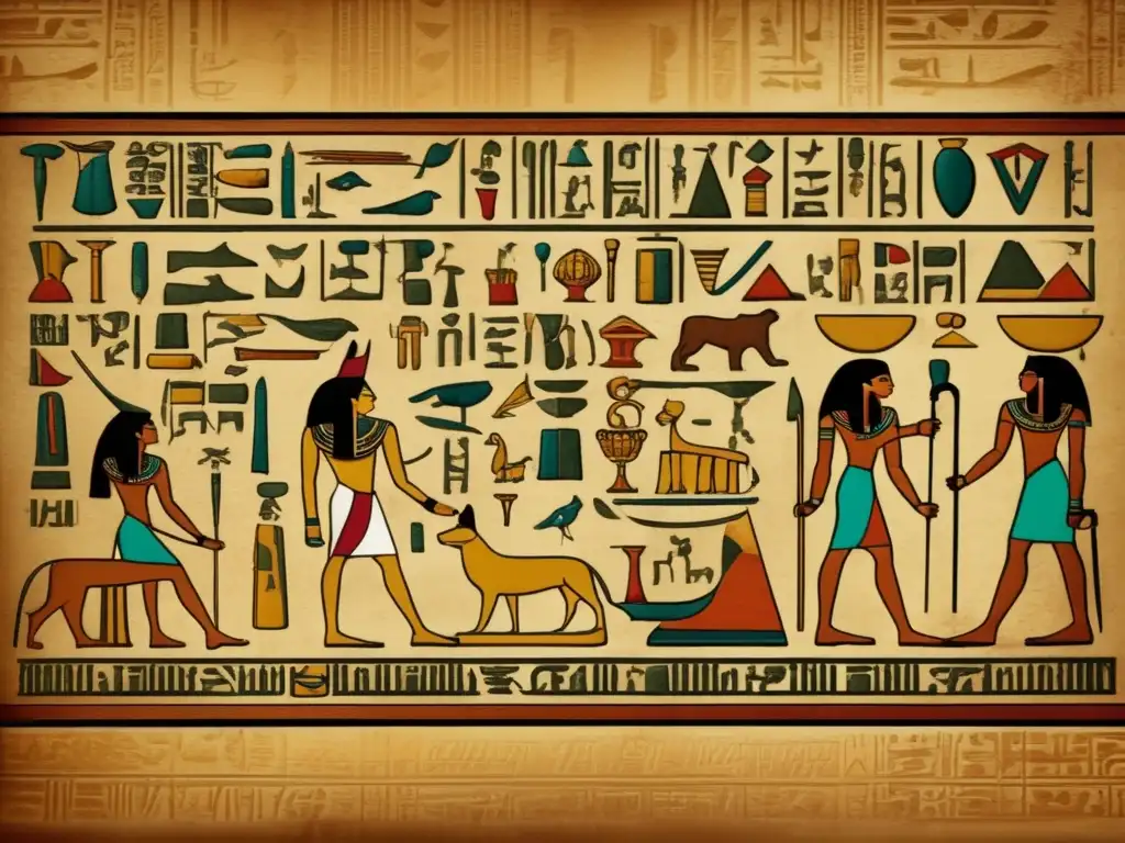 Jeroglíficos perdidos: Un antiguo pergamino de papiro revela escenas fascinantes de la vida egipcia en un estilo vintage
