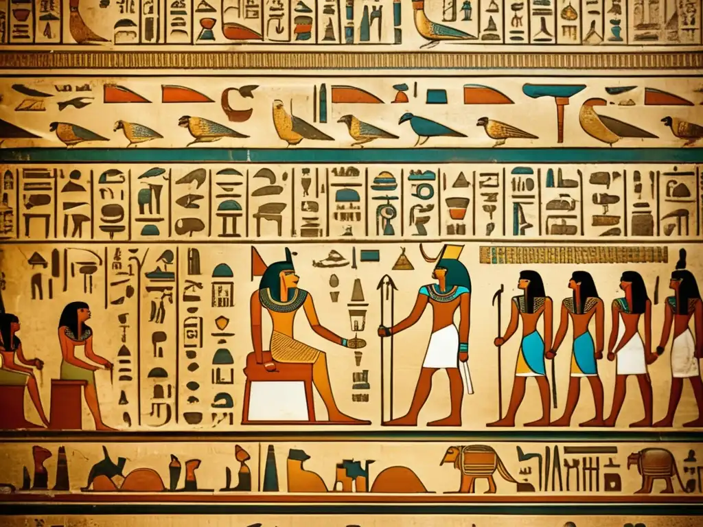 Jeroglíficos reales del Antiguo Egipto en un muro de templo antiguo, con diseños elaborados y colores vintage