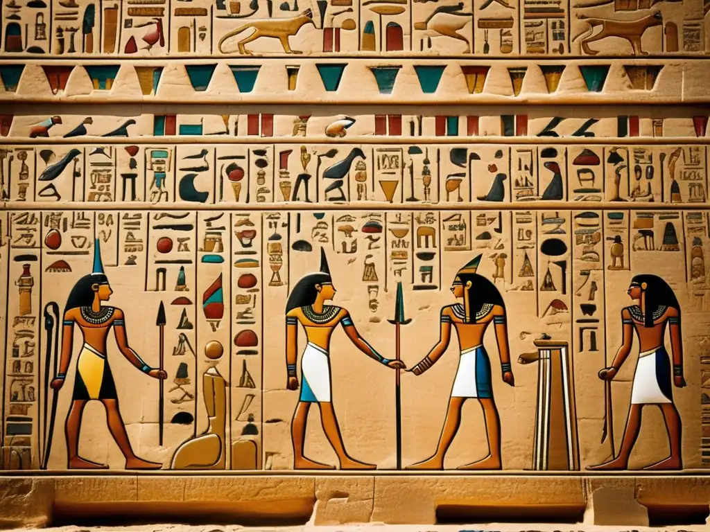 Jeroglíficos reales del Antiguo Egipto: un muro de templo cubierto de intrincadas inscripciones, marcas del tiempo y colores desvanecidos