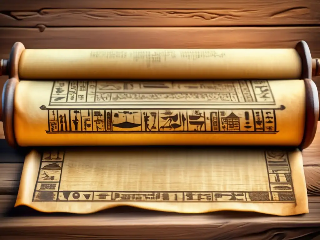 Jeroglíficos reales del Antiguo Egipto en un pergamino vintage sobre una mesa de madera desgastada