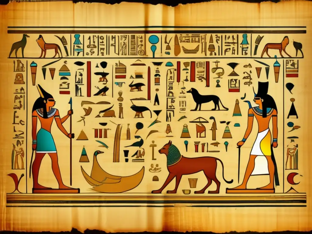 Jeroglíficos reales del Antiguo Egipto plasmados en un antiguo papiro, con símbolos e ilustraciones intrincadas