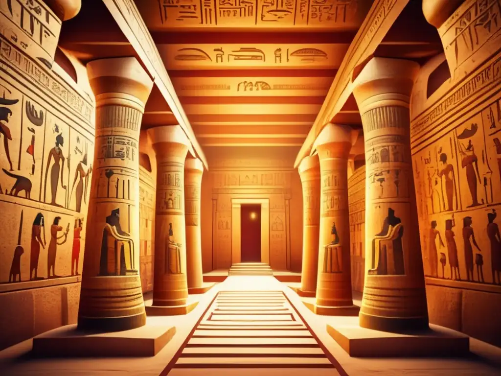Jeroglíficos sagrados en el interior de un antiguo templo egipcio, con tonos rojizos y amarillos desvanecidos