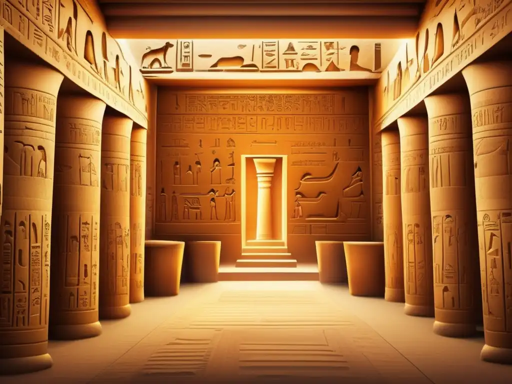 Jeroglíficos sagrados en el interior de un antiguo templo egipcio, revelando su historia en tonos cálidos y misteriosos