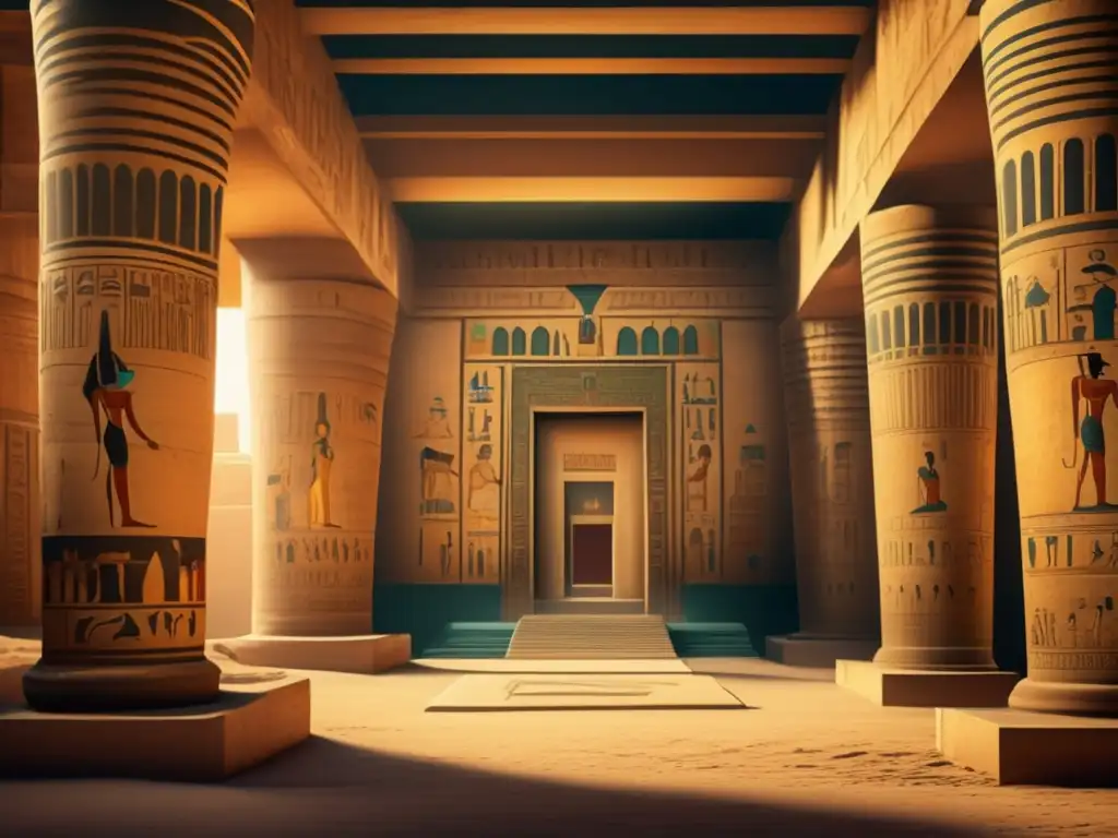 Jeroglíficos sagrados en templos de Egipto: Foto vintage de un majestuoso interior de un templo egipcio