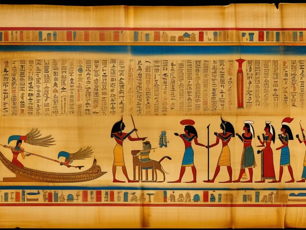 Jeroglíficos y simbolismos del Libro de los Muertos: un papiro antiguo y envejecido despliega su historia misteriosa y sabiduría ancestral