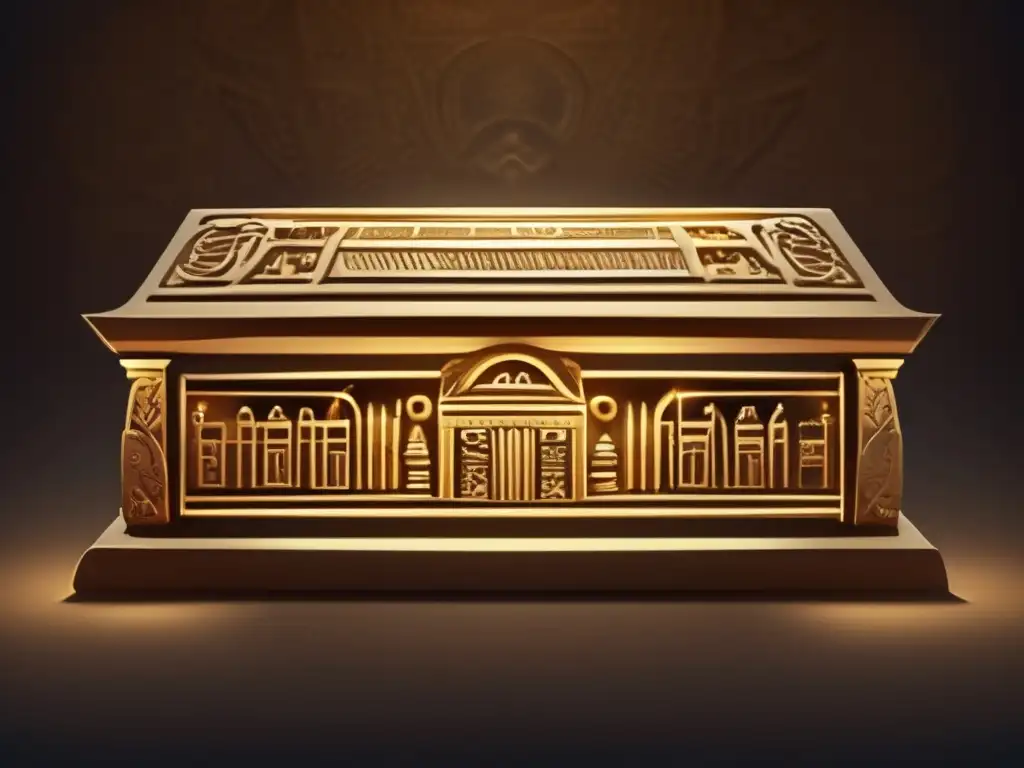 Jeroglíficos y simbolismos del Libro de los Muertos: Una ilustración vintage detallada de un sarcófago ricamente adornado en una cámara tenue