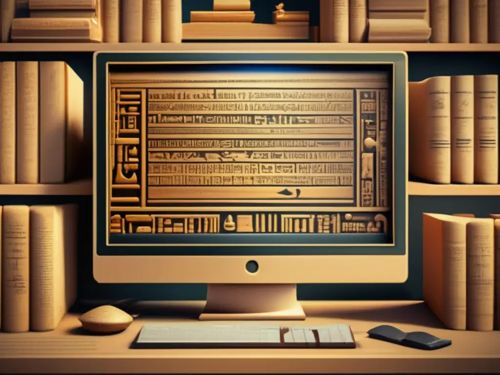 Descifrar jeroglíficos con tecnología: Un monitor de ordenador vintage muestra un programa analizando y traduciendo símbolos antiguos, revelando los misterios de la escritura egipcia