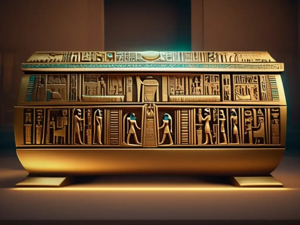 Jeroglíficos del viaje eterno en Egipto: Una imagen vintage detallada que muestra un sarcófago egipcio tallado con precisión en una cámara tenue