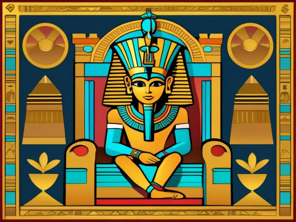 El joven faraón Pepi II, gobernó 90 años, se sienta en su trono adornado con regalia egipcia