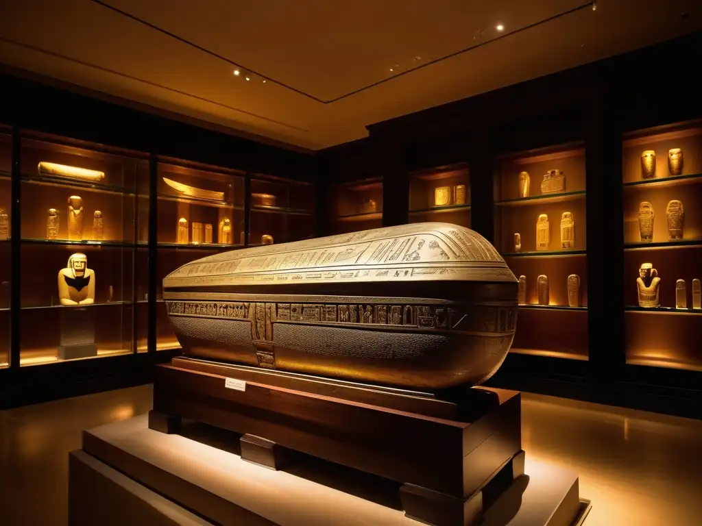Una joya arqueológica: sarcófago dorado con jeroglíficos, rodeado de otras reliquias del Antiguo Egipto en una galería iluminada