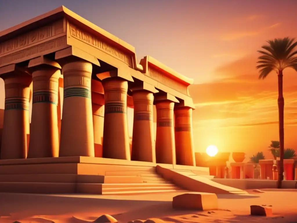 Una joya arquitectónica: el templo egipcio con influencia asiática, muestra la fusión cultural en un atardecer vibrante y nostálgico