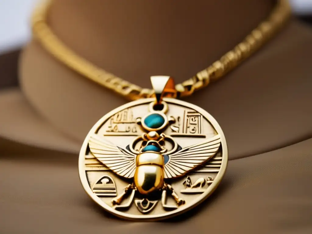 Una joya dorada antigua de Egipto, con engravings jeroglíficos y amuletos de dioses egipcios